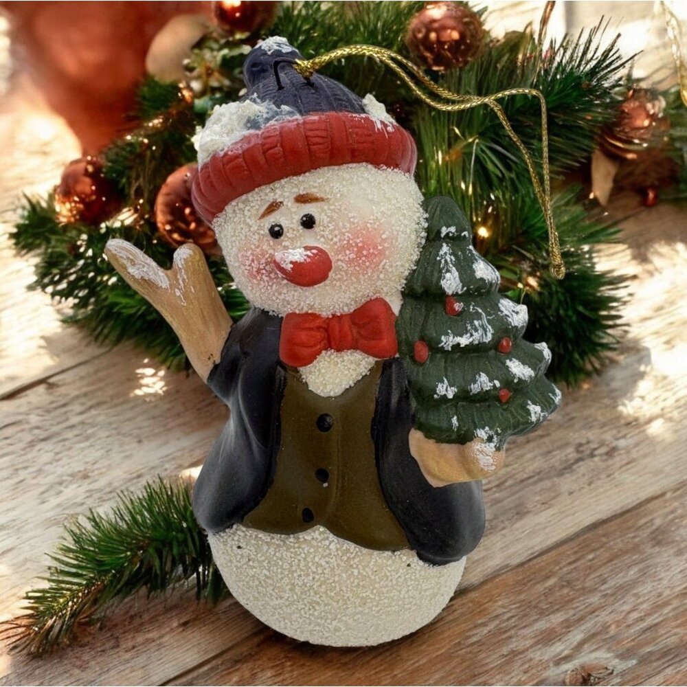 Vintage Snowman Bow Tie Christmas Ornament Hand Painted Holding Tree